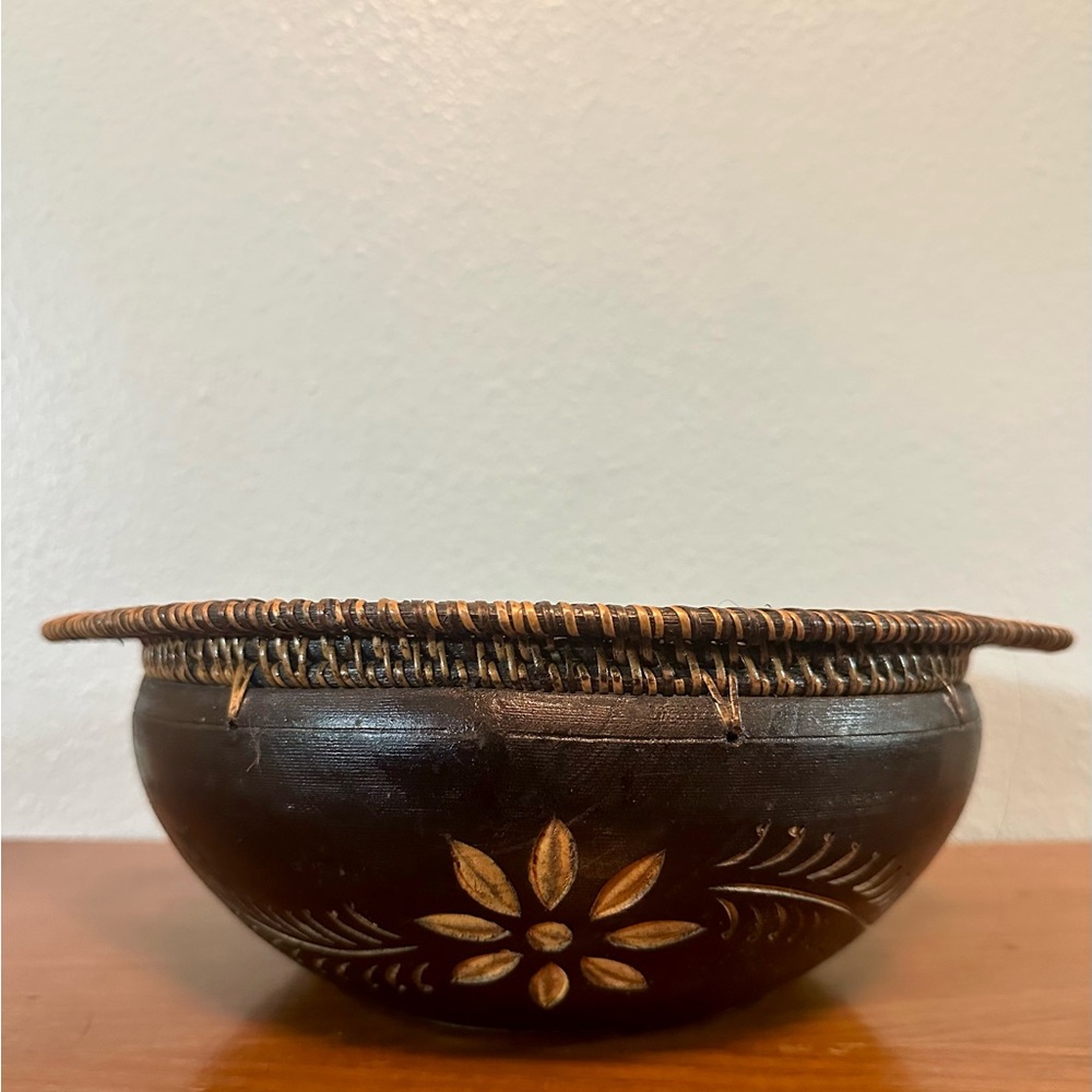 Handcrafted wooden Decorative Bowl with woven handles